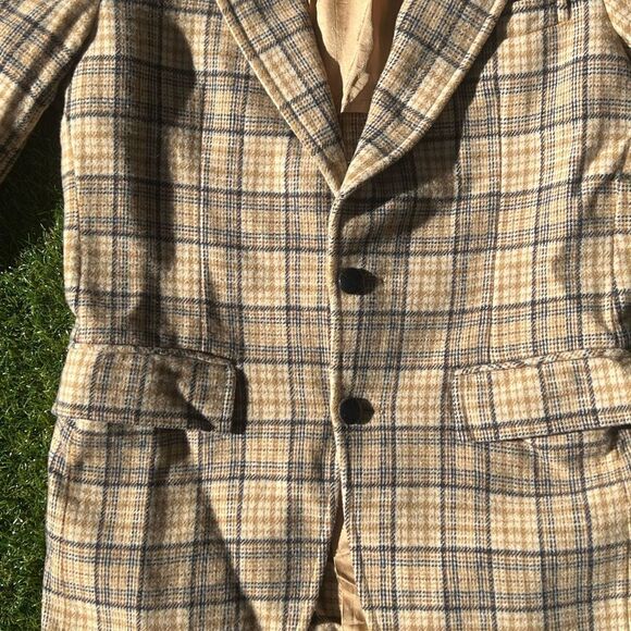 Vintage 70s 80s Beige Coat Wool Mix Plaid Shoulder Pad Blazer Women's Small - Picture 2 of 7